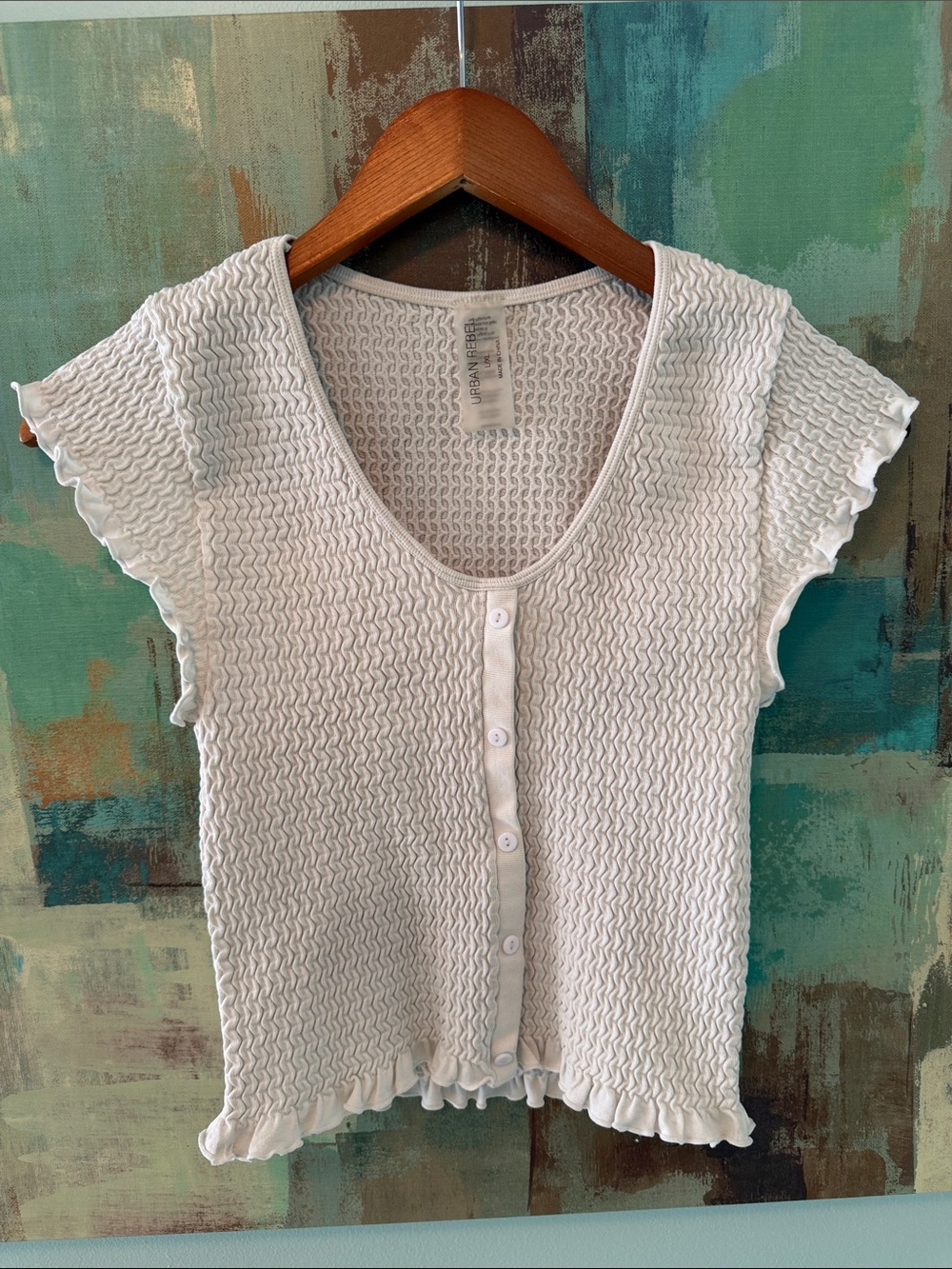 90s Smocked Crop Top Faux Button Ruffle Cream White Popcorn Shirt Tee L XL